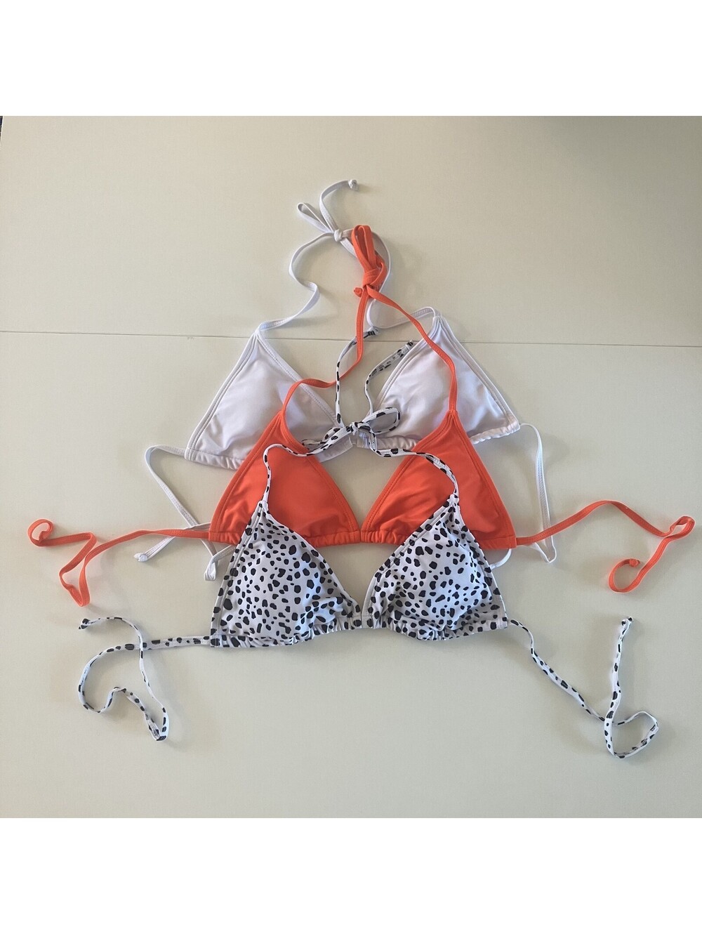 Micas Swim Triangle String Bikini Top 3 Pc Neon Orange Dalmation Cow White Sz XS